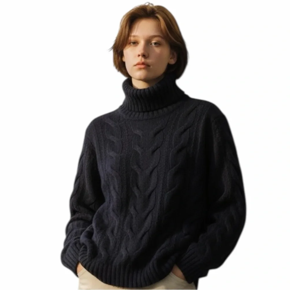 Falconeri Navy Blue Cable Knit Wool Turtleneck Sweater XL (Fits S/XS)